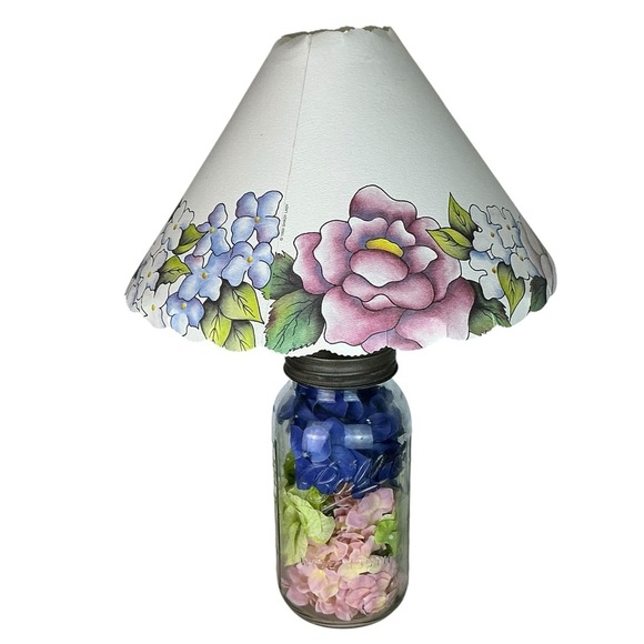 Vintage Mason Jar Lamp Hydrangea Floral Hand Crafted  21” with  Lamp Shade 1999 - Picture 8 of 16